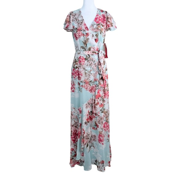 Eliza J Floral Chiffon Maxi Dress Blue Pink Wrap Style Flutter Sleeve Size 4 NWT - Picture 4 of 9